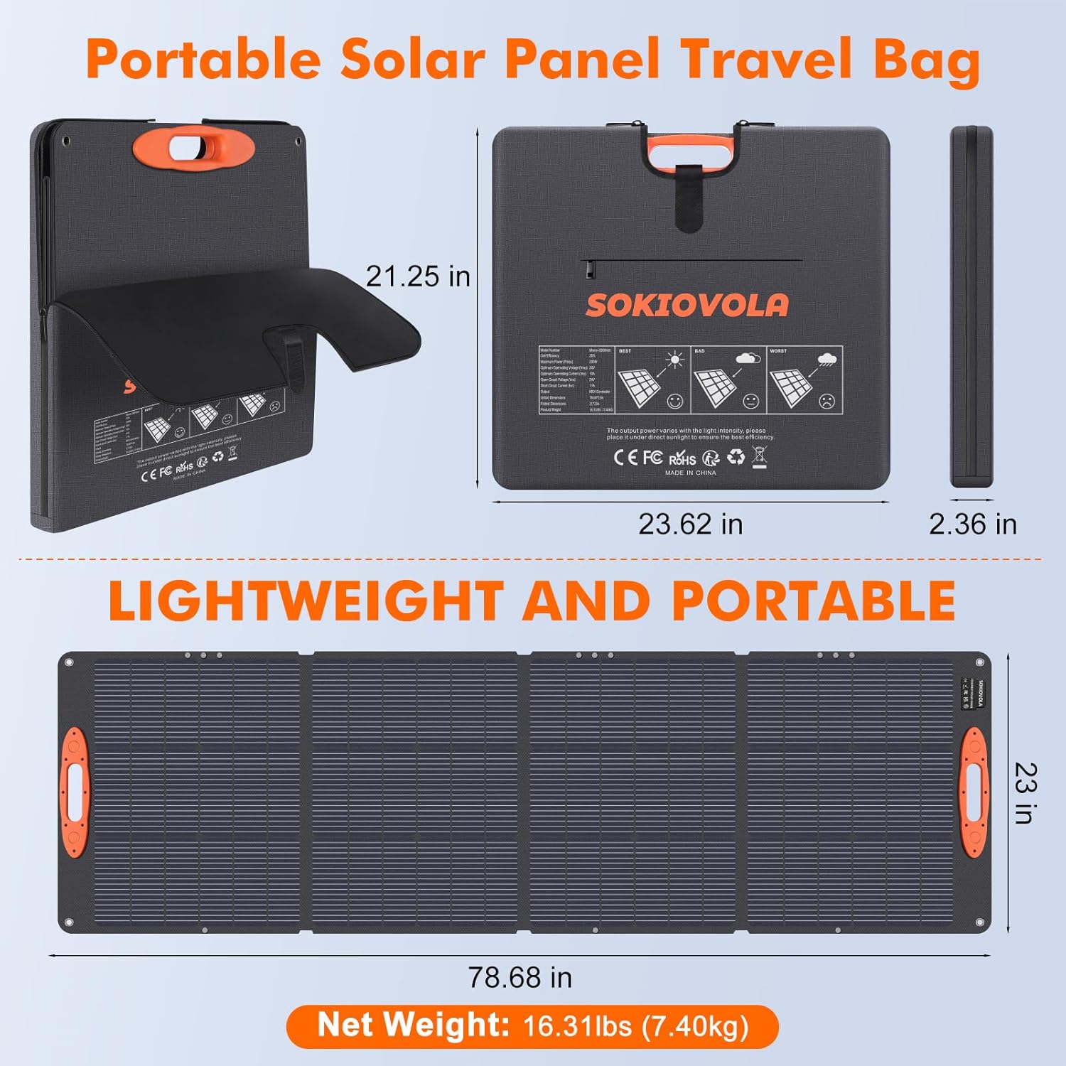 SOKIOVOLA N-Type 16BB 200W Portable Solar Panel for EF/Jackery/Bluetti/Anker Power Station Foldable Solar Panel 25% High Efficiency IP68 Waterproof for Outdoor Trip RV Camping Blackout Off Grid 200 Orange